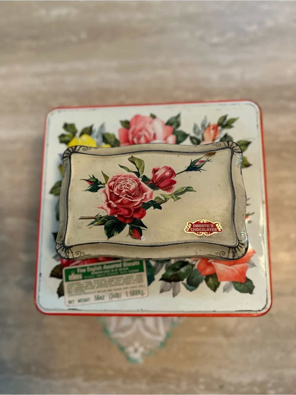 Vintage Floral Chocolate Tins  Set of 2 - Rose Motif, White & Red